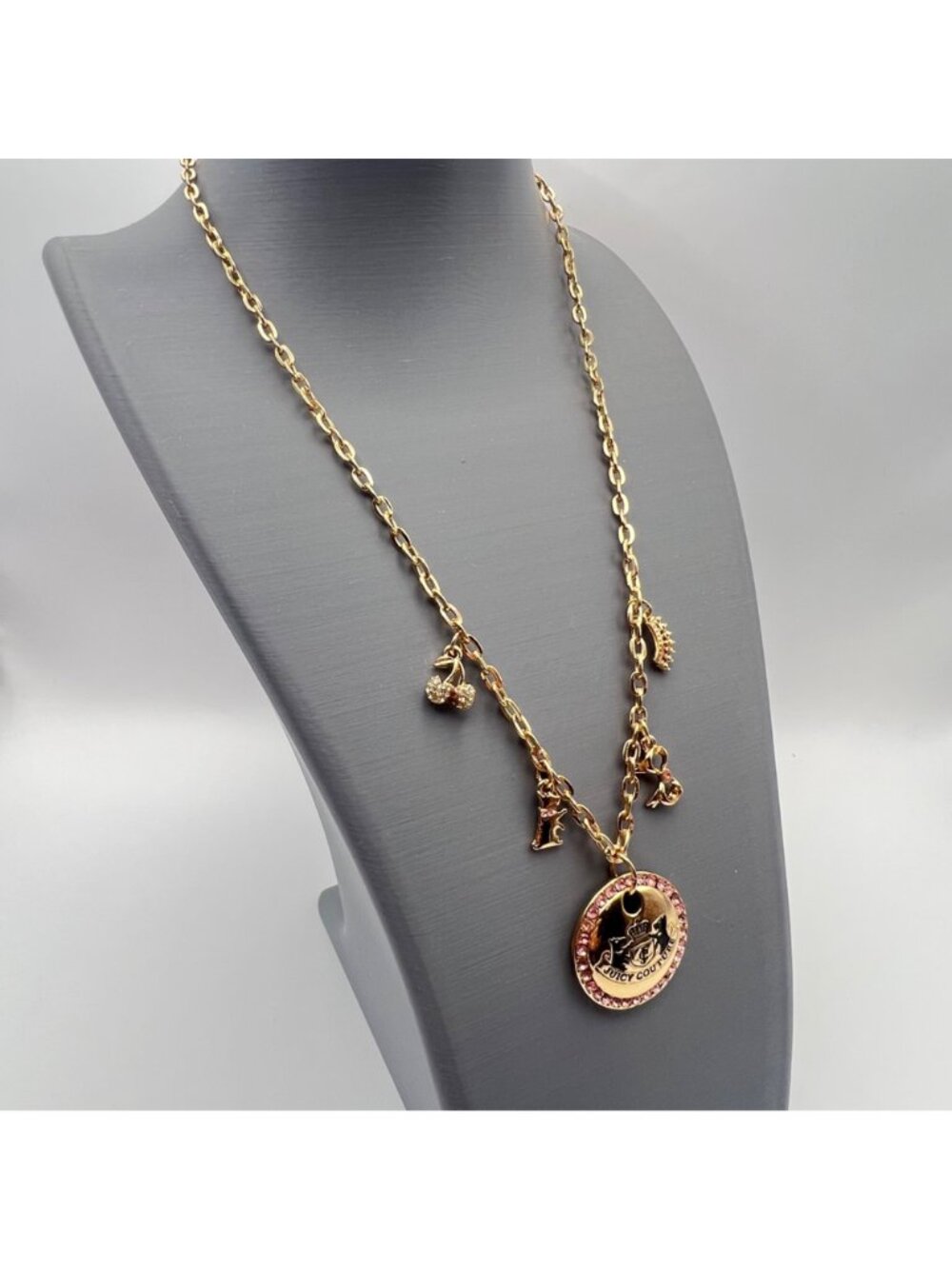 Juicy Couture Charm Necklace Gold-Tone Pink Rhinestone Scottie Cherry Bow Crown - Picture 3 of 10